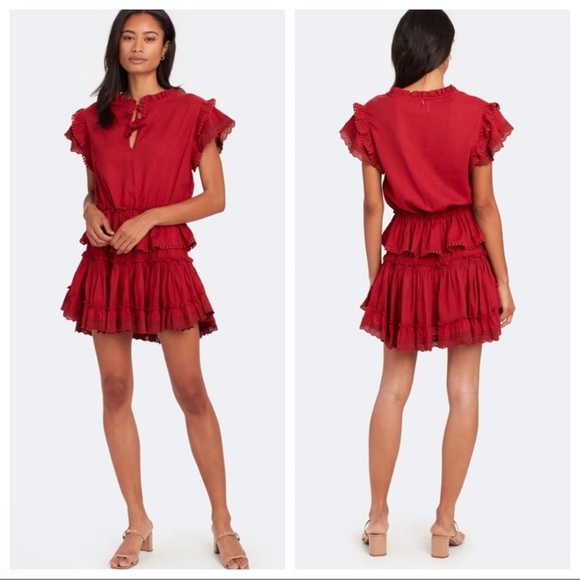 Misa Lillian Rust Orange/Red Tiered Ruffle Blouson Linen Blend Mini Dress Small - Picture 5 of 11